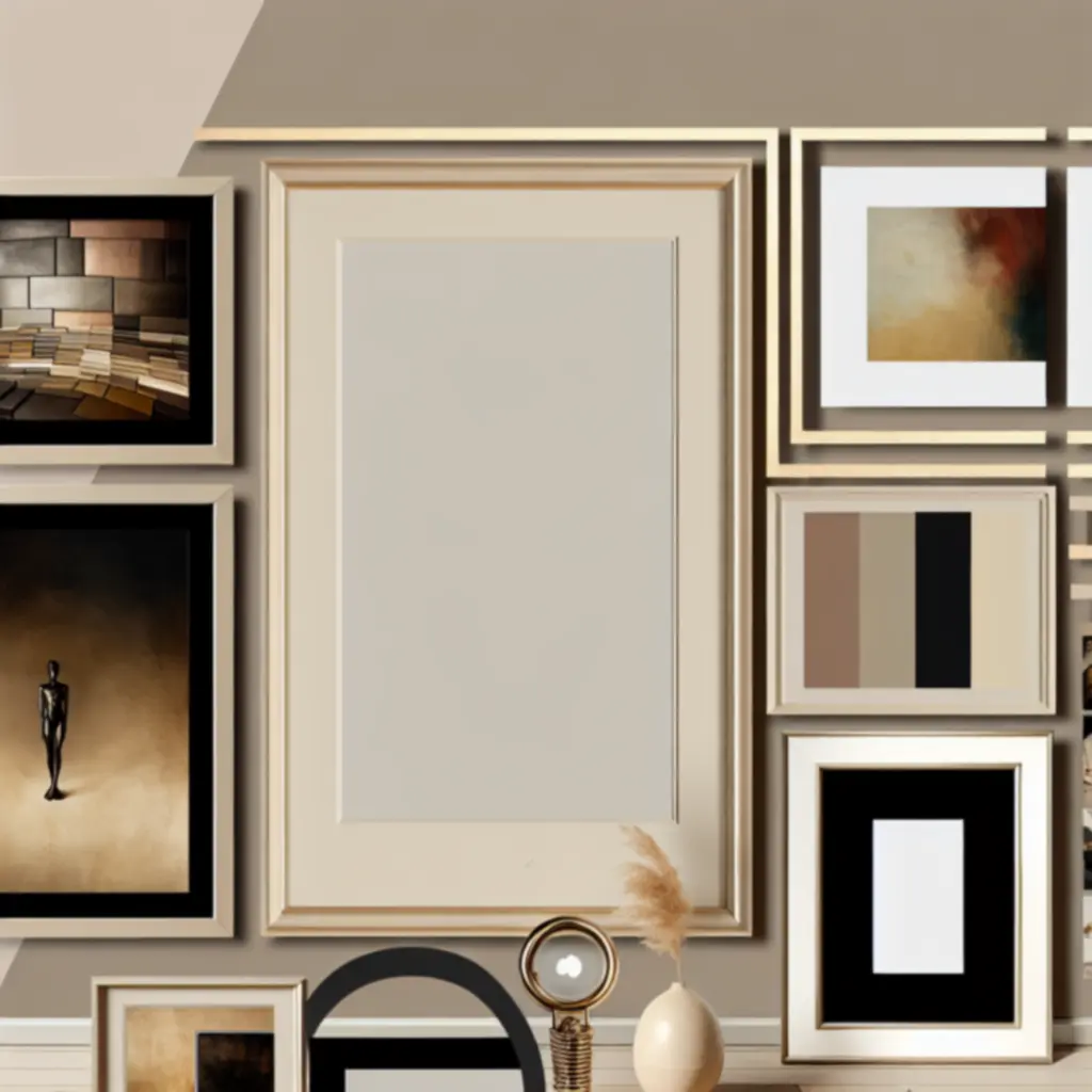 Kuratorska aranżacja ścienna z eleganckimi ramami i obrazami w ciepłej, galeryjnej estetyce.