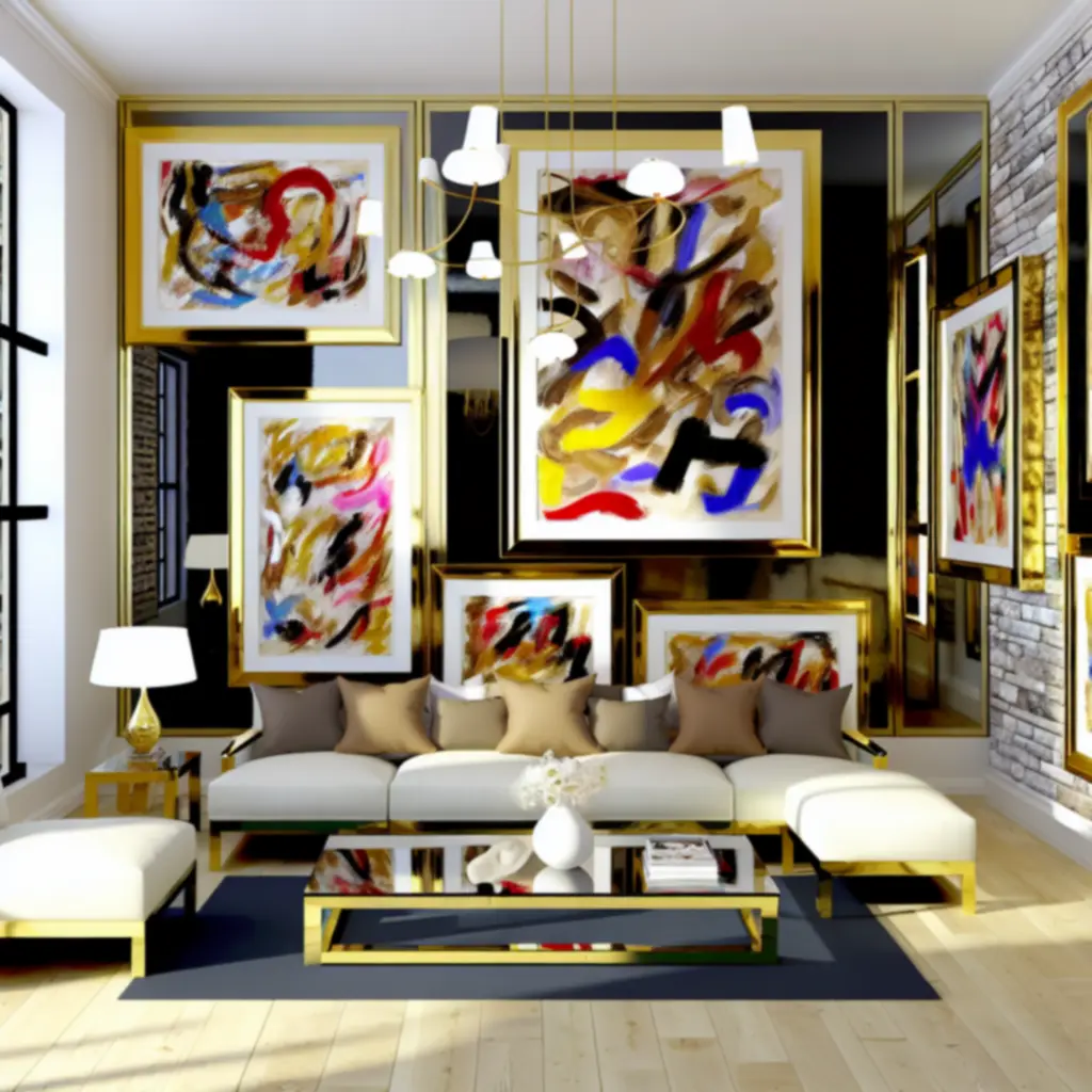 Barwne abstrakcyjne obrazy w złotych ramach