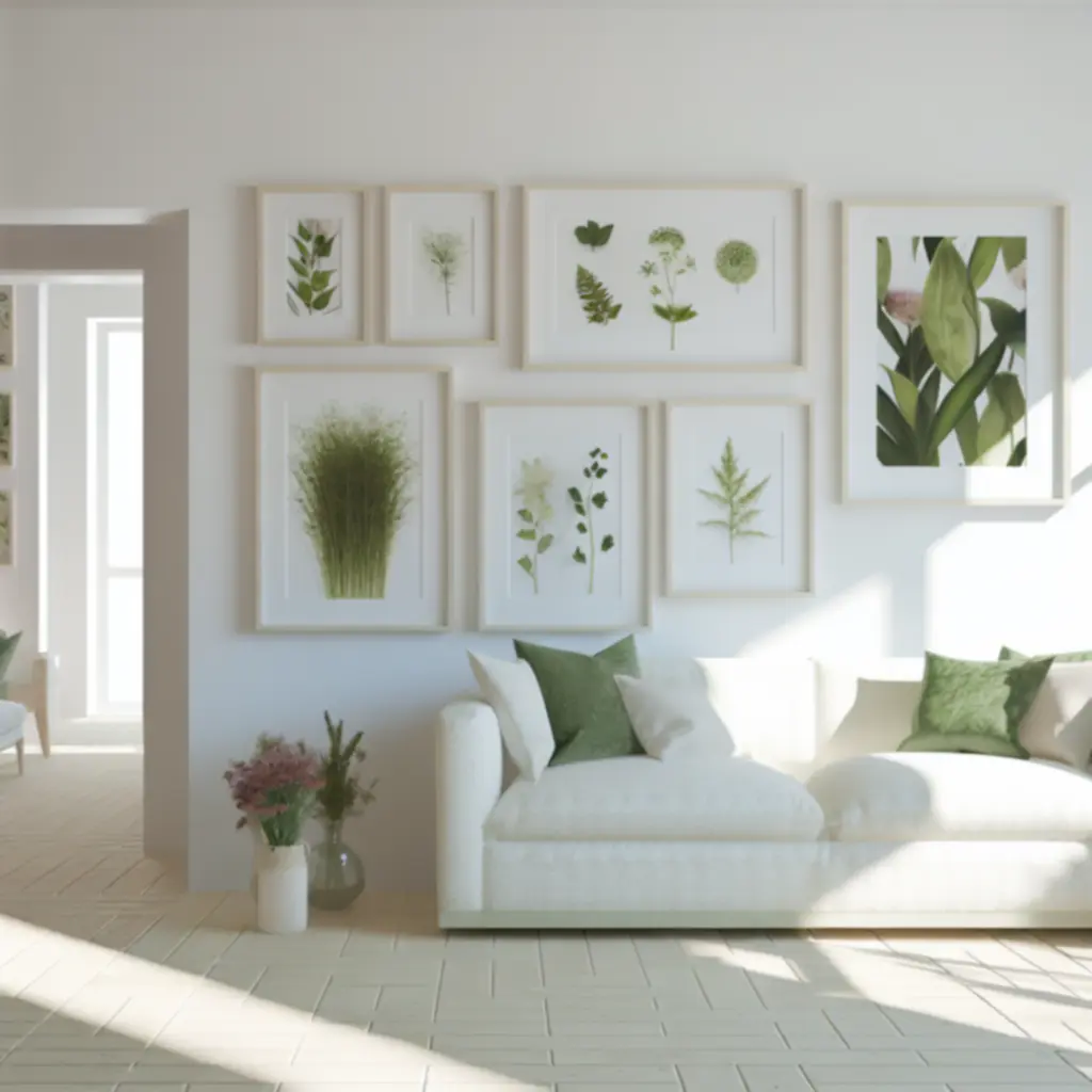 Zielone roślinne plakaty w jasnych ramach