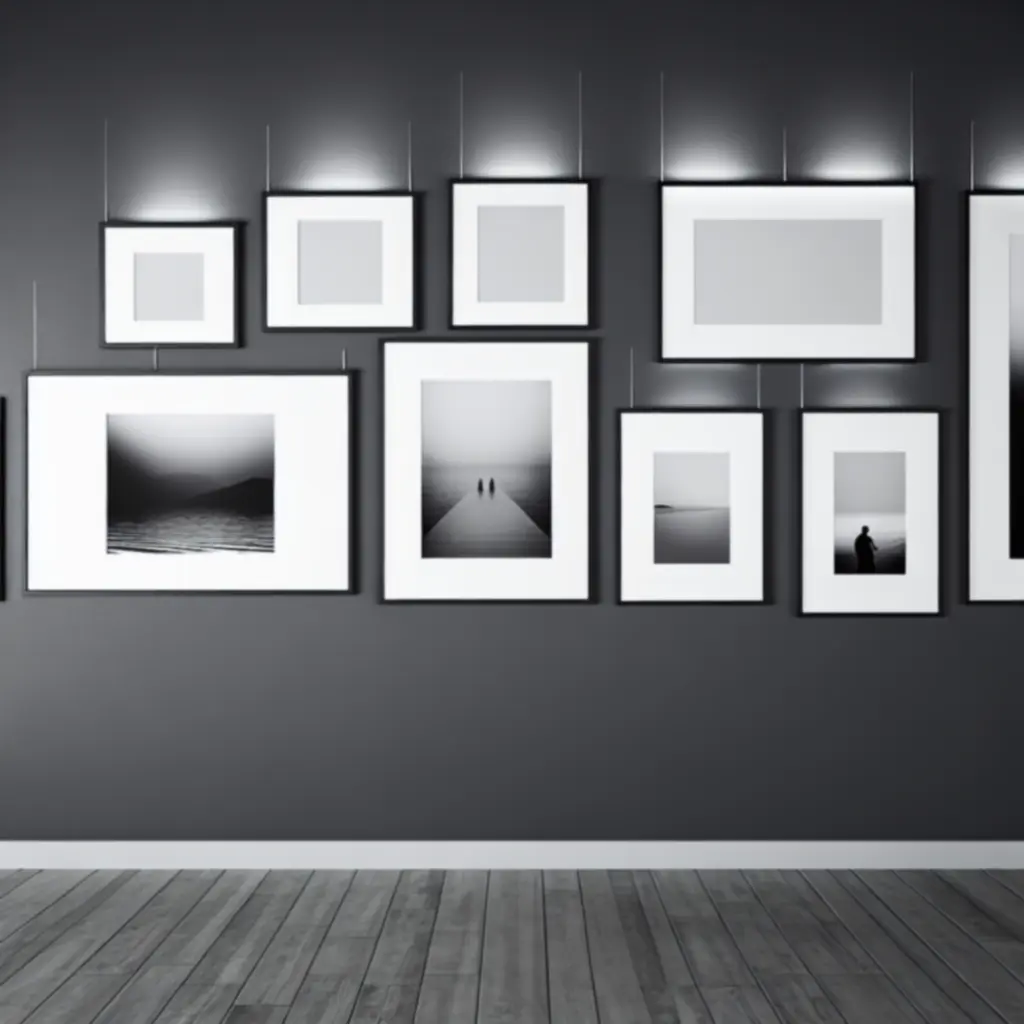 Czarno-białe fotografie w cienkich ramach