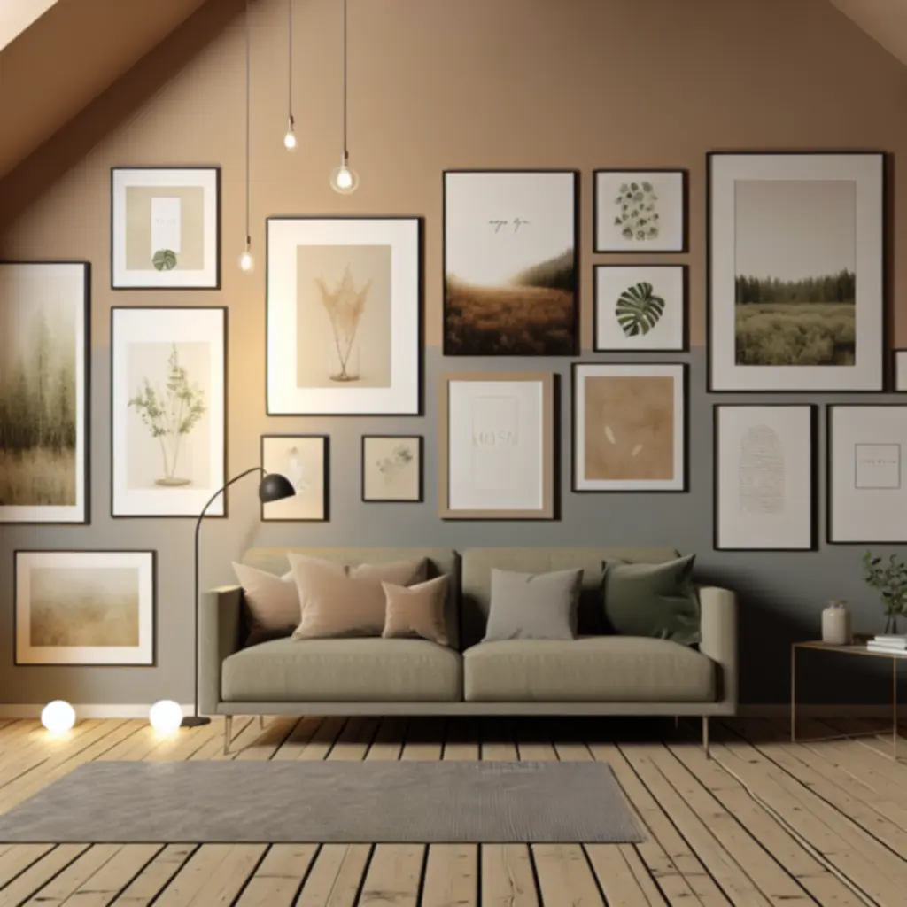 Ściana galerii w przytulnym salonie użytkownika z mieszanką plakatów