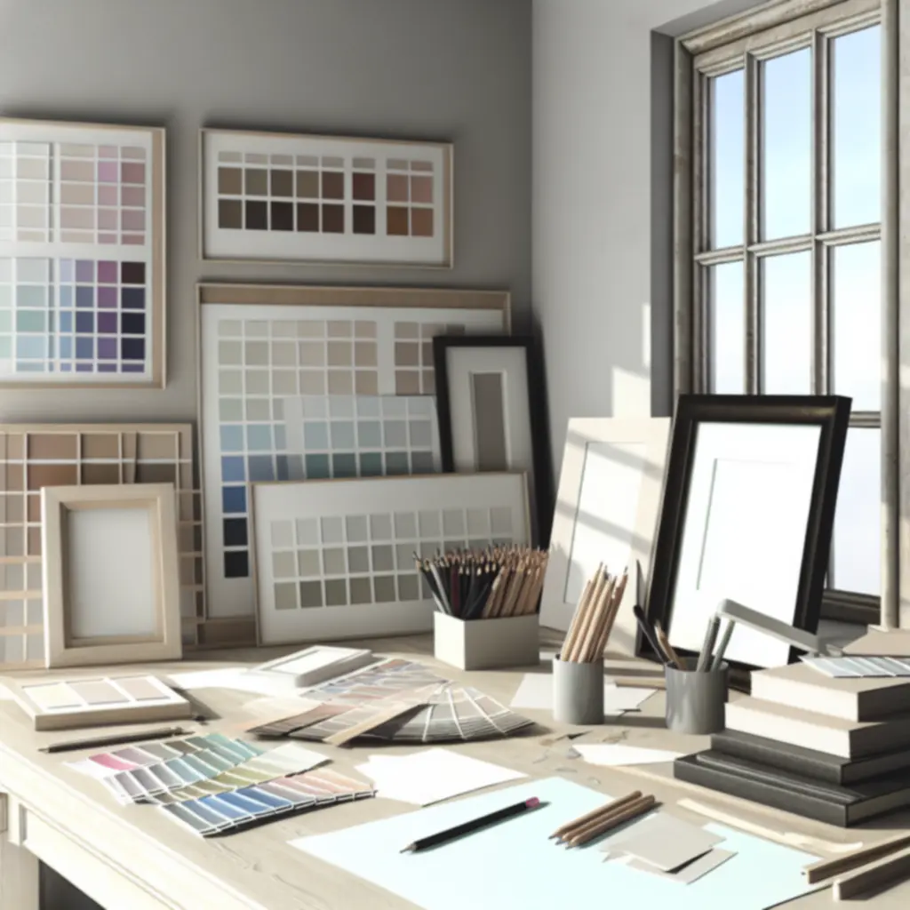 Kreatywna przestrzeń pracy z próbkami kolorów, ramami i szkicami