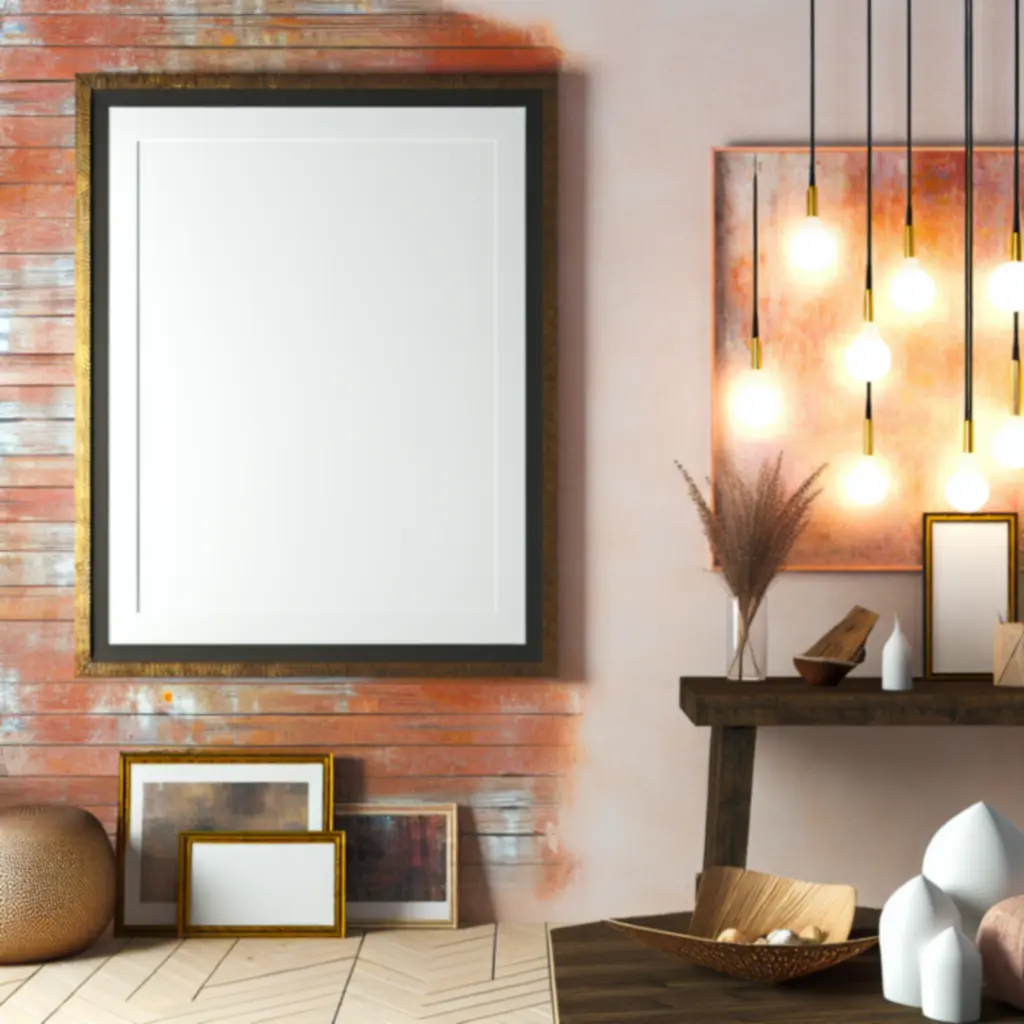 stylowa aranżacja salonu z oprawionymi plakatami i obrazami na ścianie