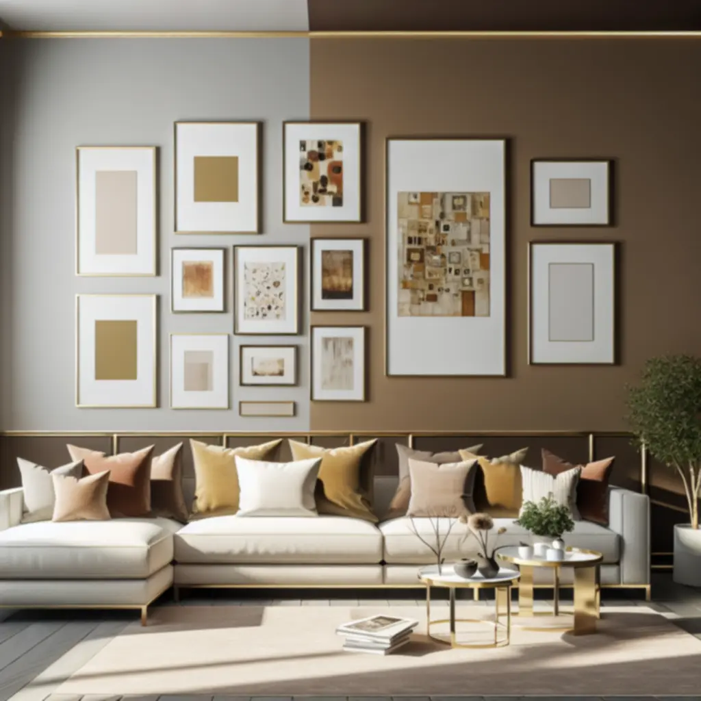 Salon z elegancką galerią ścienną z ram i plakatów w ciepłej palecie kolorów