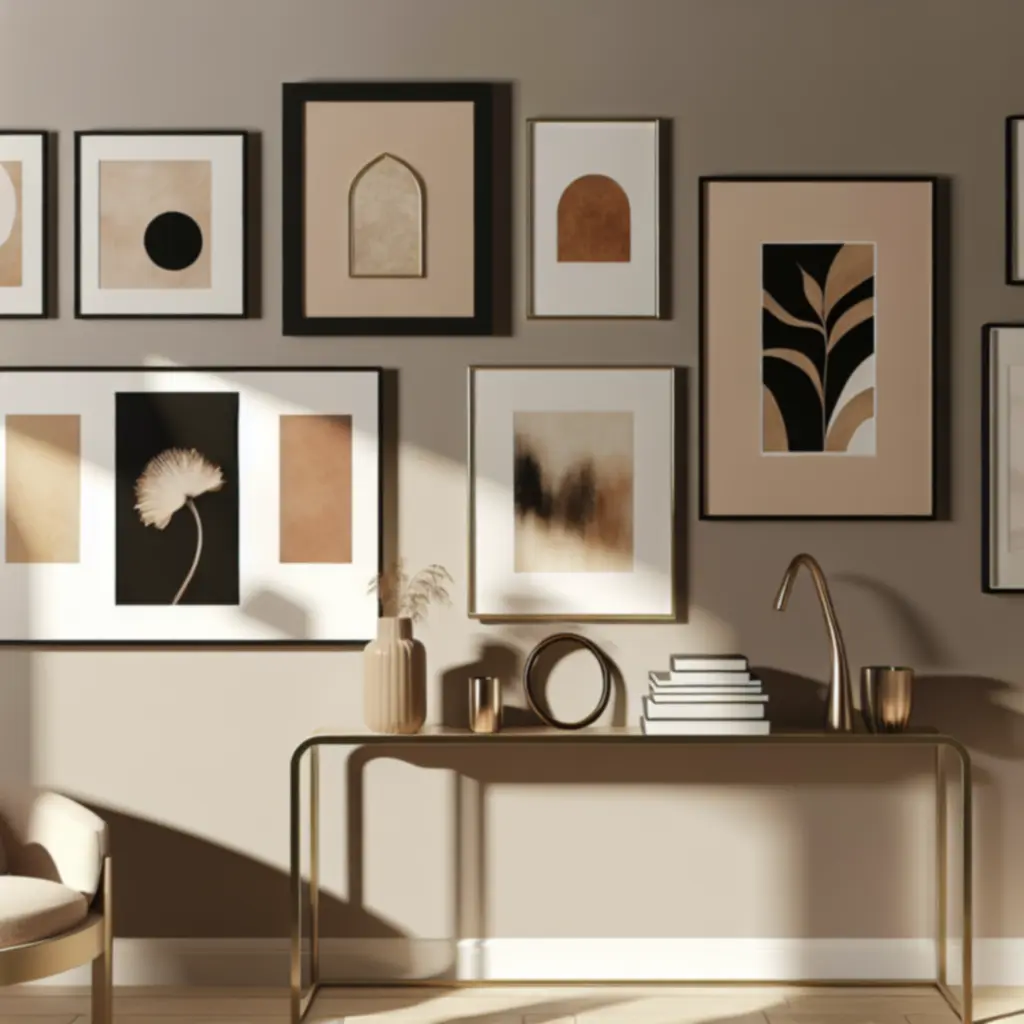 Aranżacja ściany z eleganckimi ramami i plakatami w ciepłej, kuratorskiej estetyce