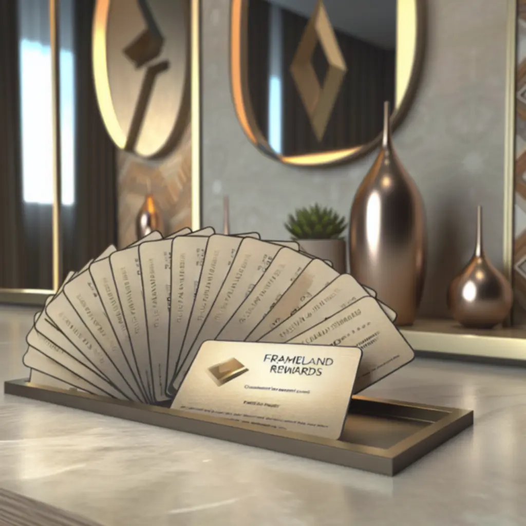 Karty nagród i punkty programu lojalnościowego FrameLand na tle eleganckiej aranżacji