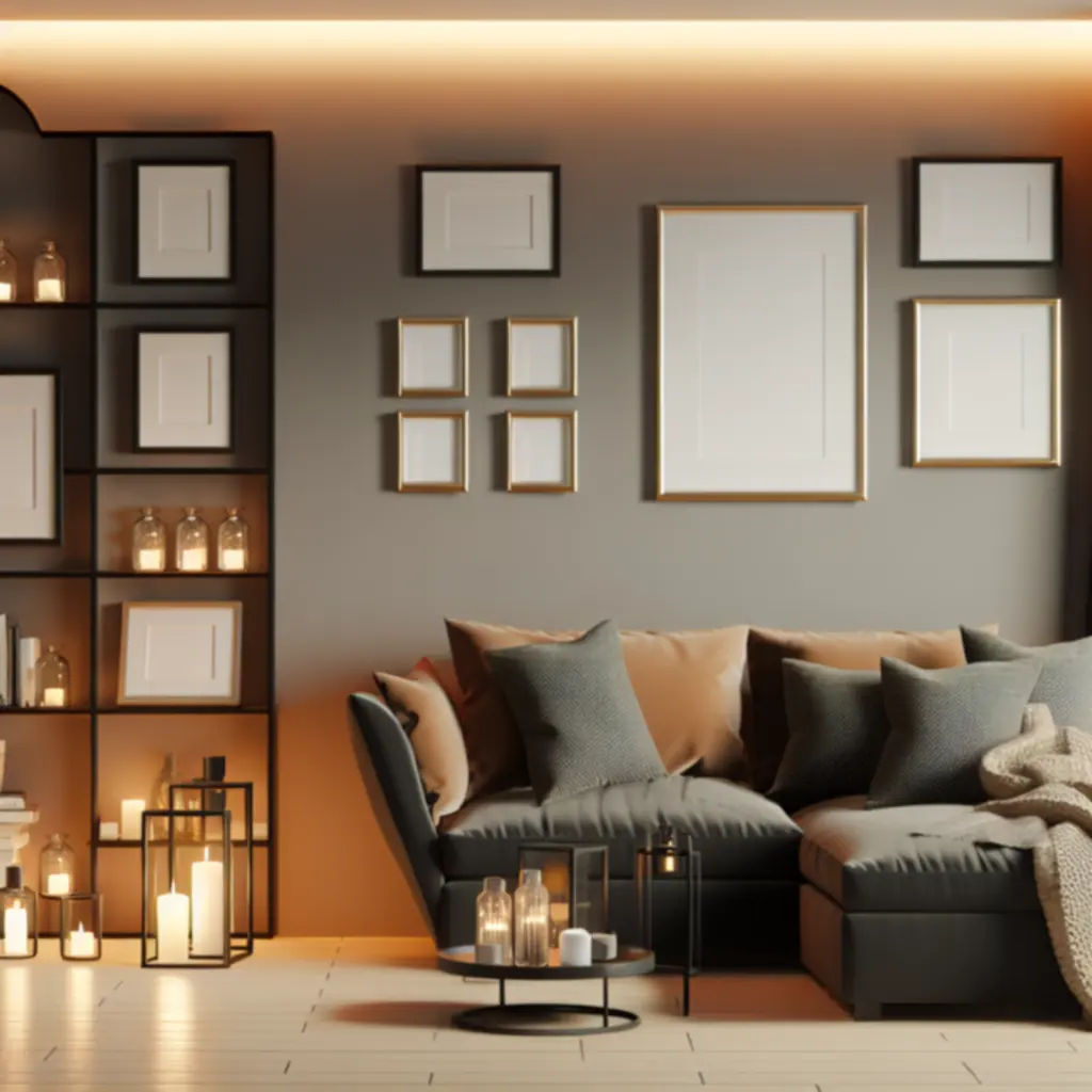 Sezonowa aranżacja ściany z ramami w odcieniach czerni i złota w przytulnym salonie