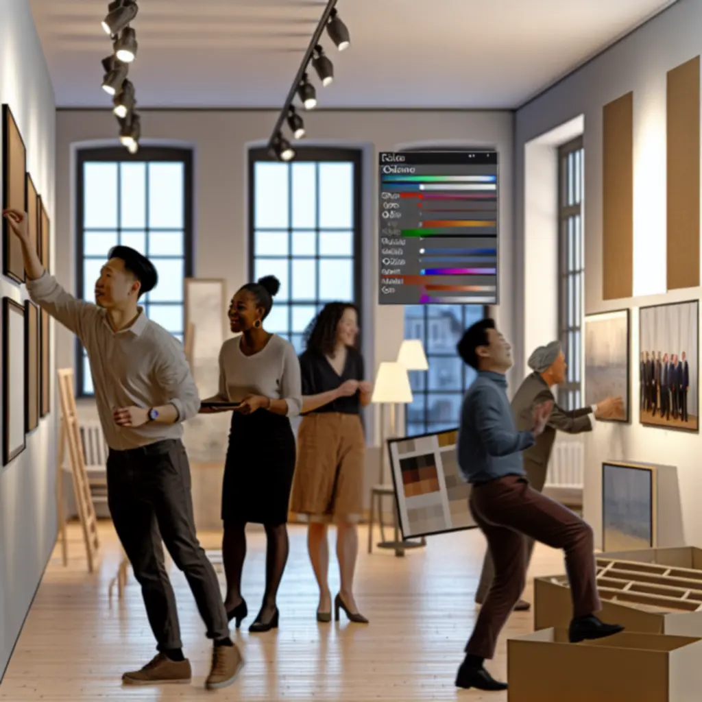 Zespół kuratorski podczas aranżacji ściany galerii